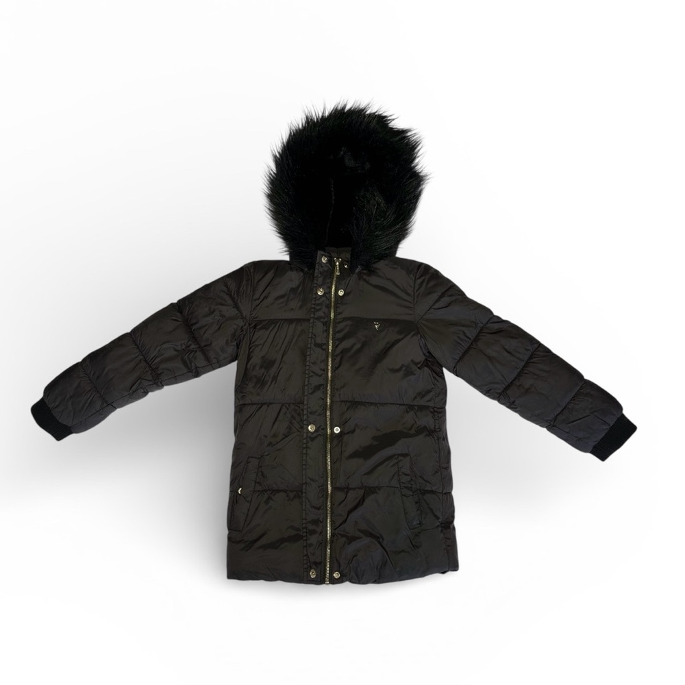 Guess Girls Puffer Coat Size 12 Black Hooded  Faux Fur Winter Jacket Zip Snap